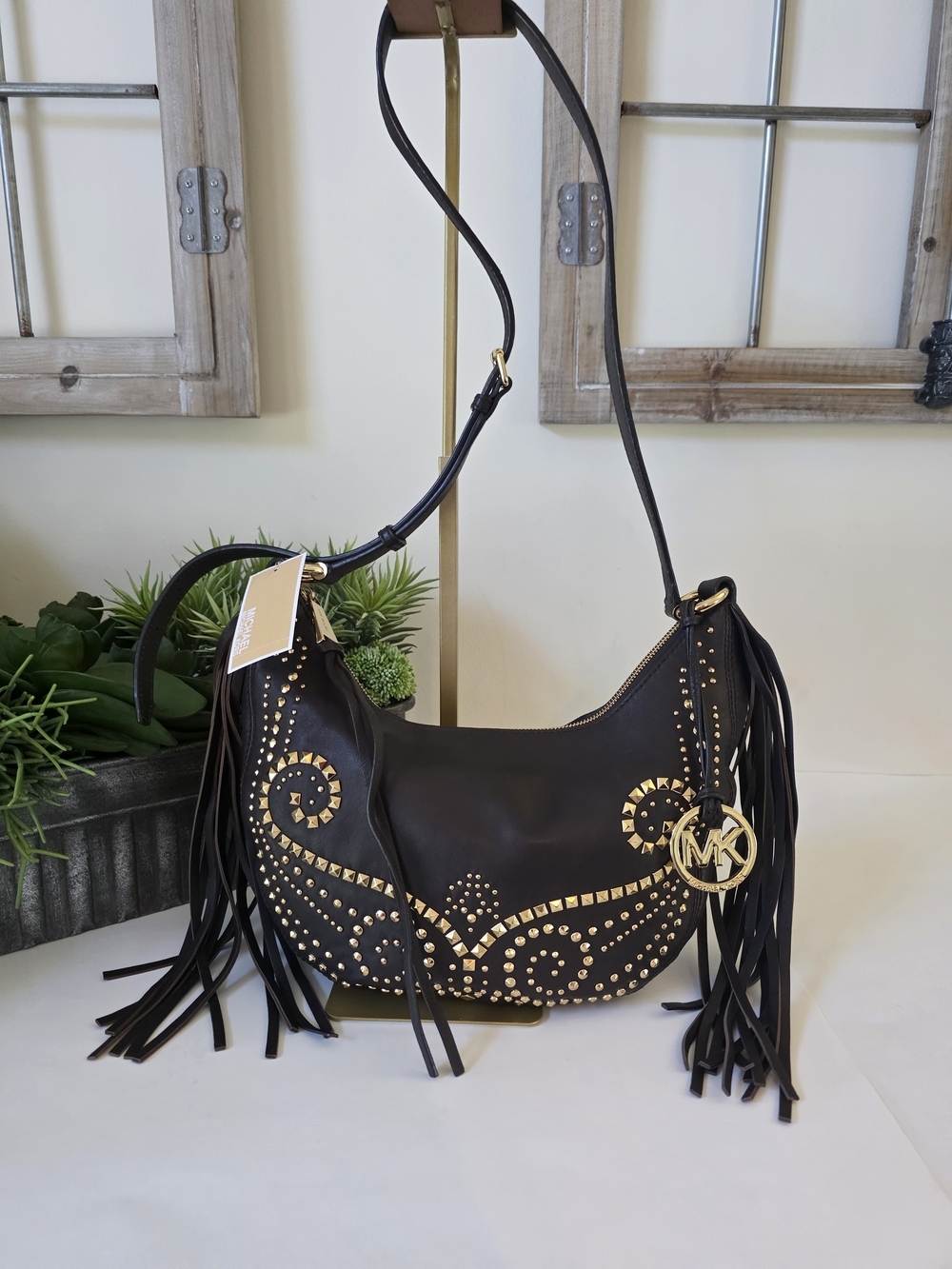 Michael Kors Rhea Studded  Shoulder/Crossbody Dark Chocolate Leather Fringe-New